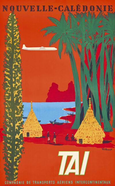 Vintage travel poster for New Caledonia by Bernard Villemot shows palm trees, traditional huts, a beach scene with people, and a white airplane flying overhead. Text reads Nouvelle-Calédonie and Transports Aériens Intercontinentaux (TAI). Poster print available in A1 to A4 sizes.
