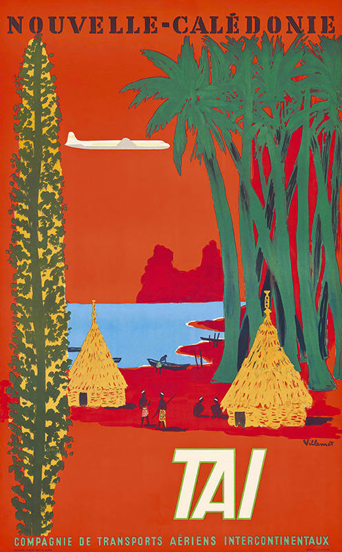product-image Vintage travel poster for New Caledonia by Bernard Villemot shows palm trees, traditional huts, a beach scene with people, and a white airplane flying overhead. Text reads Nouvelle-Calédonie and Transports Aériens Intercontinentaux (TAI). Poster print available in A1 to A4 sizes.