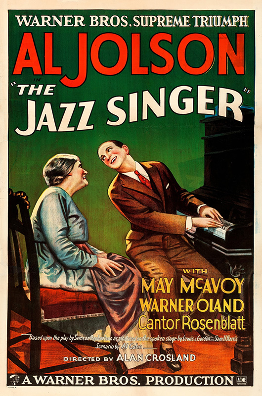 product-image Vintage movie poster for the 1927 jazz movie The Jazz Singer, featuring a man singing at a piano and a woman smiling, with film credits and bold colourful text. Movie poster print available in A1 to A4 sizes.