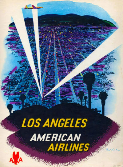 A vintage travel poster for American Airlines showcases a plane soaring above a stylized, illuminated map of Los Angeles at night, with palm trees in the foreground and mountains silhouetted in the background. Poster print available in A1 to A4 sizes.