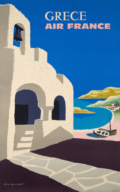 Vintage Air France Travel Poster for Grèce featuring a white building with arches, a blue sky, a coastal landscape, and a small boat drifting on the water. Poster print available in A1 to A4 sizes.