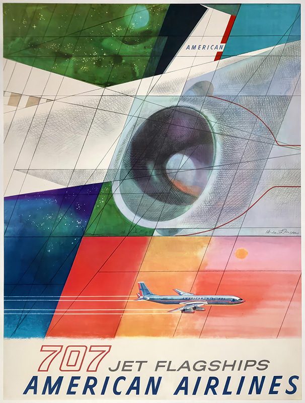 product-image Flagships Poster featuring an illustrated 707 Jet engine, abstract lines, a flying airplane, and text: 707 Jet Flagships American Airlines. Poster print available in A1 to A4 sizes.
