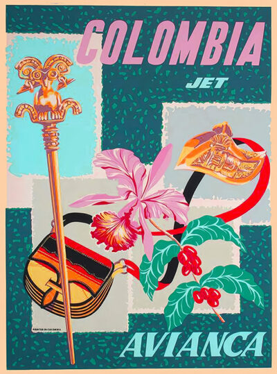 Vibrant Jet Travel Poster showcasing Colombia, featuring airline names Avianca and Jet, with images of a gold staff, orchid, coffee branch, gold artifact, and woven bag set against a striking patterned background. Poster print available in A1 to A4 sizes.