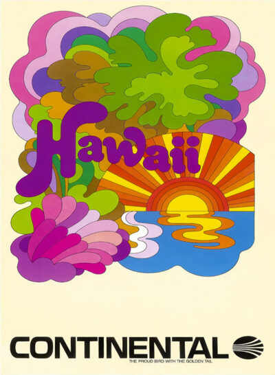A colourful, retro-style Hawaii Poster featuring the word Hawaii, tropical plants, and a sunset captures the vibrant 1960 charm of Continental Airlines. Poster print available in A1 to A4 sizes.