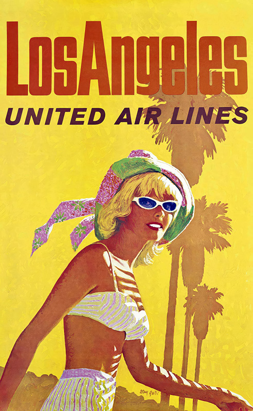 Vintage 1960 Los Angeles Travel Poster by United Air Lines featuring a woman in sunglasses and a sun hat, with palm trees in the background against a bright yellow backdrop. Poster print available in A1 to A4 sizes.
