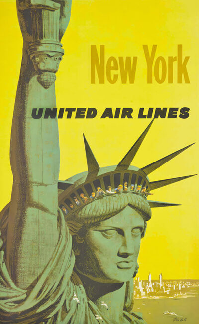 Vintage United Air Lines 1960 travel poster features the Statue of Liberty’s crown filled with passengers, set against a yellow background with bold New York and United Air Lines text. Poster print available in A1 to A4 sizes.