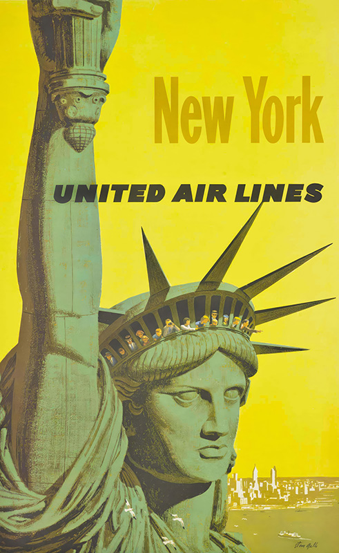 Vintage United Air Lines 1960 travel poster features the Statue of Liberty’s crown filled with passengers, set against a yellow background with bold New York and United Air Lines text. Poster print available in A1 to A4 sizes.