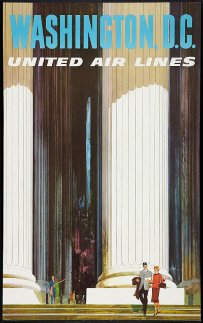 Vintage travel poster featuring the grand columns of a Washington D.C. landmark, with two people strolling below; text reads “Washington, D.C. United Air Lines.”. Poster print available in A1 to A4 sizes.