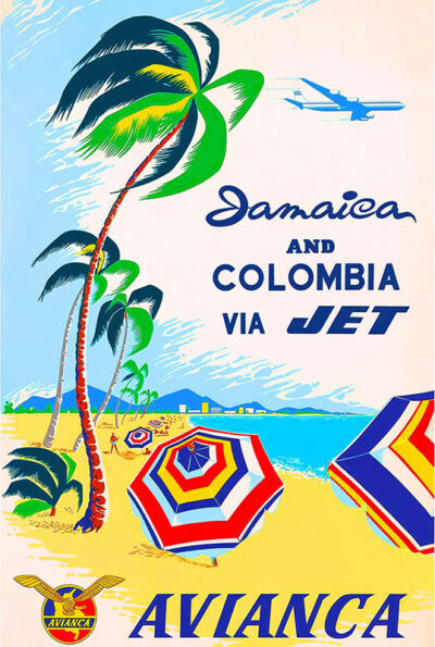 A vintage Avianca travel poster features palm trees, colourful beach umbrellas, and a jet overhead, enticing travelers to explore Jamaica and Colombia. Poster print available in A1 to A4 sizes.