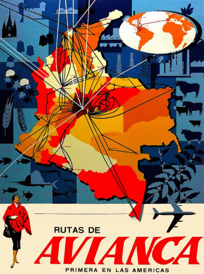 A vintage 1961 Avianca travel poster showing flight routes over a map of Colombia, with an airplane, landmarks, and the text “Rutas de Avianca, Primera en las Américas.”. Poster print available in A1 to A4 sizes.