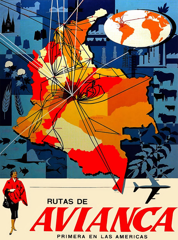 A vintage 1961 Avianca travel poster showing flight routes over a map of Colombia, with an airplane, landmarks, and the text “Rutas de Avianca, Primera en las Américas.”. Poster print available in A1 to A4 sizes.