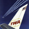 Poster showing the tail of a TWA airplane with the American flag and StarStream Jet label; a sleek jet and its vapor trails soar high in the deep blue sky. Poster print available in A1 to A4 sizes.