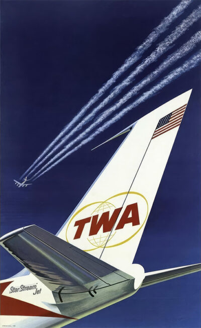 Poster showing the tail of a TWA airplane with the American flag and StarStream Jet label; a sleek jet and its vapor trails soar high in the deep blue sky. Poster print available in A1 to A4 sizes.