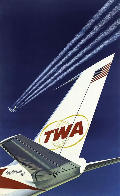 product-image Poster showing the tail of a TWA airplane with the American flag and StarStream Jet label; a sleek jet and its vapor trails soar high in the deep blue sky. Poster print available in A1 to A4 sizes.