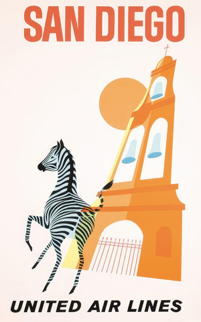 Vintage travel poster featuring a rearing zebra in front of a stylized mission bell tower, with bold San Diego lettering and United Air Lines branding. Poster print available in A1 to A4 sizes.