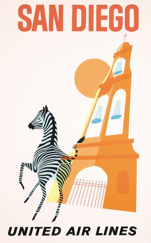 product-image Vintage travel poster featuring a rearing zebra in front of a stylized mission bell tower, with bold San Diego lettering and United Air Lines branding. Poster print available in A1 to A4 sizes.