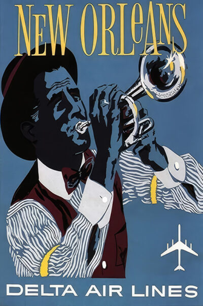 Vintage Delta Air Lines travel poster featuring a jazz musician playing a trumpet, promoting vibrant trips to New Orleans. The blue background and bold yellow and white text capture the city’s lively spirit. Poster print available in A1 to A4 sizes.