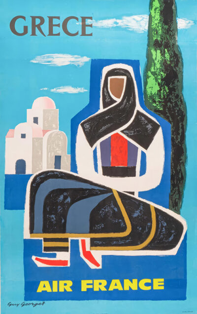 Vintage Air France travel poster featuring an abstract illustration of a person in traditional Greek attire, white buildings, a tree, and the words “Grèce” and “Air France” set against a striking blue background. Poster print available in A1 to A4 sizes.