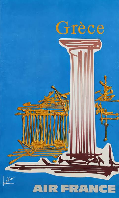 A vintage Travel Poster for Air France showcases a stylized column and ancient ruins set against a rich blue background, adorned with the text “Grèce” and “AIR FRANCE.”. Poster print available in A1 to A4 sizes.