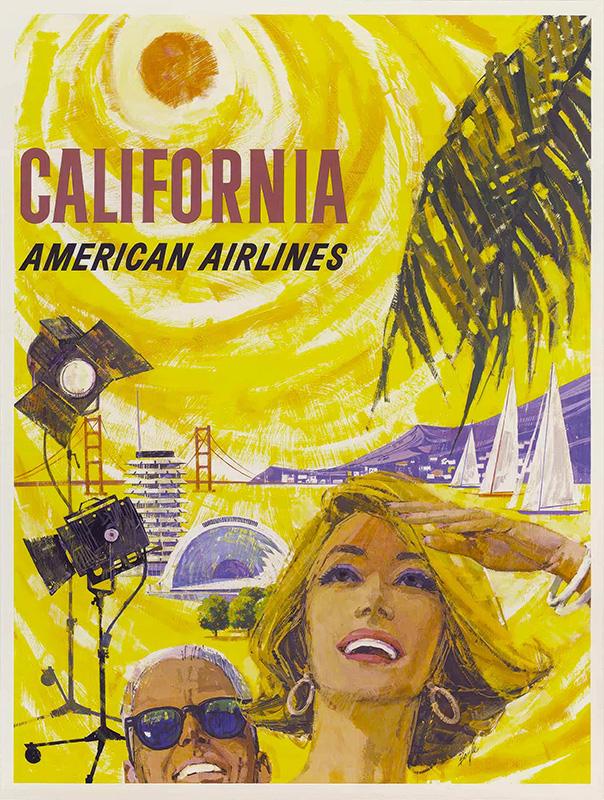 product-image Vintage Travel Poster for American Airlines featuring a bright sun, palm leaves, Golden Gate Bridge, film lights, and two smiling people with California in bold text. Poster print available in A1 to A4 sizes.