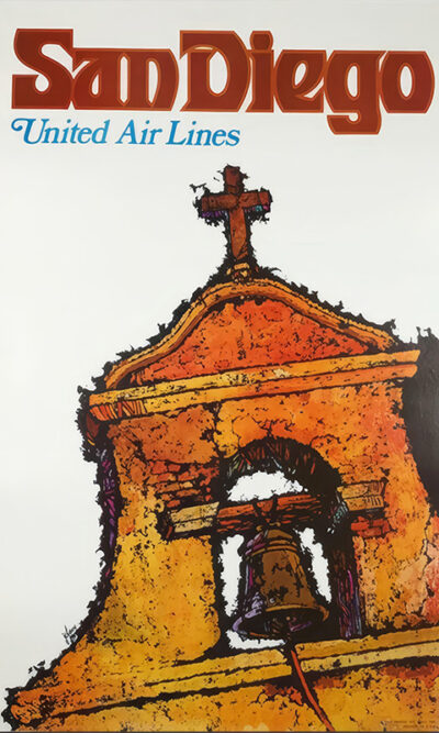 Vintage United Air Lines travel poster featuring an illustration of a Spanish-style mission bell tower, with San Diego in bold letters at the top. Poster print available in A1 to A4 sizes.