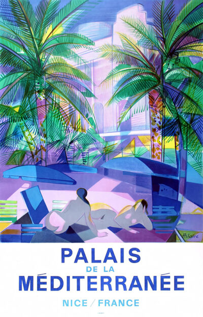 Colourful vintage advertising poster featuring two abstract figures lounging under palm trees with a cityscape in the background. Text reads Palais de la Méditerranée, Nice / France, in the vibrant style of Camille Hilaire. Poster print available in A1 to A4 sizes.