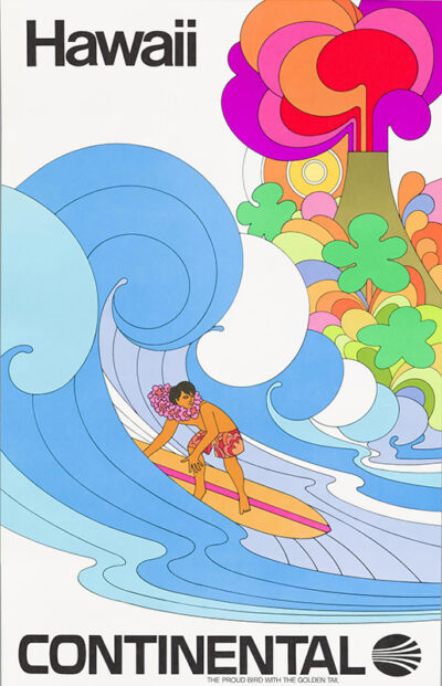 A colourful illustrated 1969 poster shows a surfer riding a wave with tropical trees in the background. The text reads Hawaii and Continental, capturing the spirit of Continental Travel. Poster print available in A1 to A4 sizes.