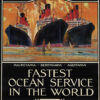 Vintage Cunard Line travel poster featuring three majestic ocean liners, including the Mauretania, at sea—promoting fast ocean service between Southampton, Cherbourg, and New York. Poster print available in A1 to A4 sizes.