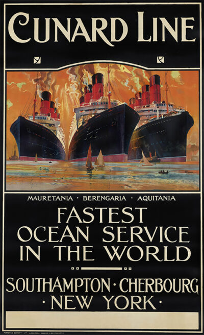 Vintage Cunard Line travel poster featuring three majestic ocean liners, including the Mauretania, at sea—promoting fast ocean service between Southampton, Cherbourg, and New York. Poster print available in A1 to A4 sizes.