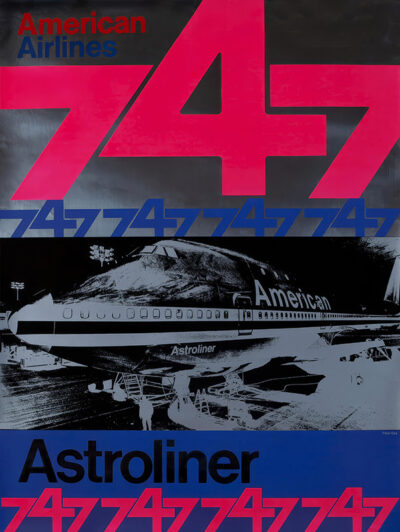 Travel Poster featuring the text American Airlines 747 Astroliner with an inverted photo of a Boeing 747 airplane and bold, repeating 747 graphics in red, blue, and purple tones. Poster print available in A1 to A4 sizes.
