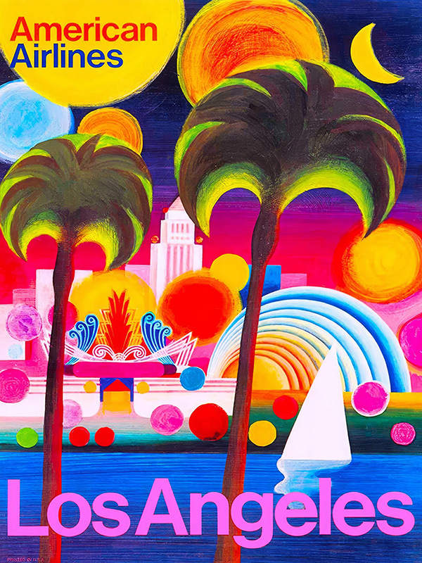product-image Vibrant travel poster with palm trees, a sailboat, city buildings, and the bold text “American Airlines” and “Los Angeles.”. Poster print available in A1 to A4 sizes.