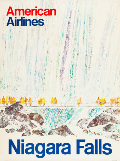 Vintage American Airlines travel poster featuring a stylized illustration of Niagara Falls with splashing water, rocks, and trees; Niagara Falls printed at the bottom. Poster print available in A1 to A4 sizes.