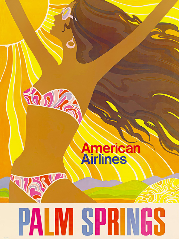 product-image Vibrant travel poster featuring a woman with long hair and outstretched arms against a sunburst background, showcasing Palm Springs and American Airlines in colourful letters. Poster print available in A1 to A4 sizes.