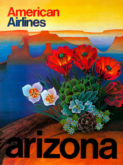 A colourful Arizona Travel poster by American Airlines, featuring vibrant desert flowers in the foreground and abstract canyon landscapes in the background—a striking 1971 poster design. Poster print available in A1 to A4 sizes.