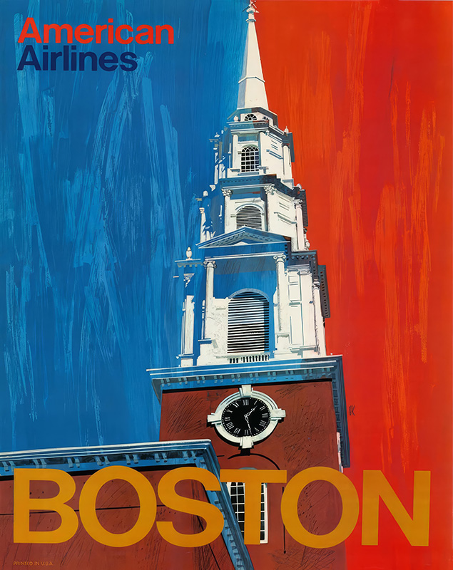 Vintage 1971 poster featuring a stylized Boston church steeple, red and blue background, and bold text reading American Airlines and BOSTON—a perfect piece for Boston travel enthusiasts. Poster print available in A1 to A4 sizes.