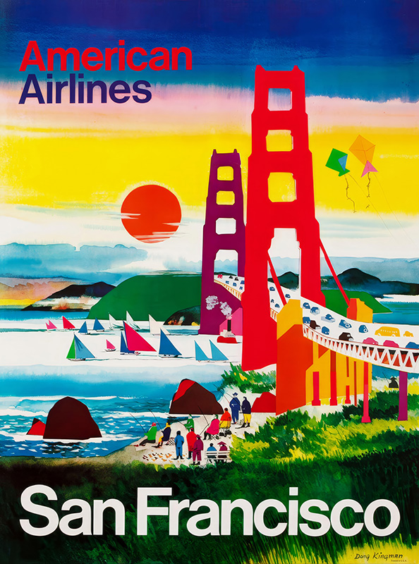 product-image A vibrant travel poster of the Golden Gate Bridge with sailboats, kites, and people, promoting American Airlines flights to San Francisco. Poster print available in A1 to A4 sizes.