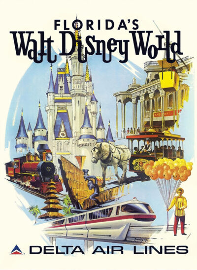 Vintage Disney World travel poster featuring Cinderella Castle, a steam train, monorail, parade floats, and the Delta Air Lines logo, capturing the excitement of Florida’s iconic destination. Poster print available in A1 to A4 sizes.