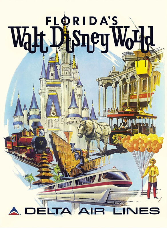 product-image Vintage Disney World travel poster featuring Cinderella Castle, a steam train, monorail, parade floats, and the Delta Air Lines logo, capturing the excitement of Florida’s iconic destination. Poster print available in A1 to A4 sizes.