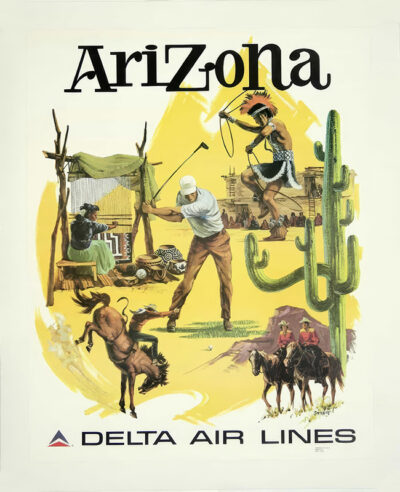 Vintage Delta Air Lines 1974 travel poster featuring a golfer, Native American figures, a horse, cactus, and iconic Arizona landscape elements—perfect for Arizona Travel enthusiasts and collectors. Poster print available in A1 to A4 sizes.