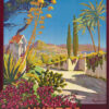Vintage Travel Poster features a colourful Mediterranean landscape in Hyères, France, with agave, palm trees, flowers, a villa, and mountains under a clear blue sky—an iconic work by Georges Dorival. Poster print available in A1 to A4 sizes.