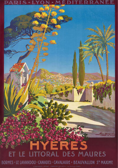 Vintage Travel Poster features a colourful Mediterranean landscape in Hyères, France, with agave, palm trees, flowers, a villa, and mountains under a clear blue sky—an iconic work by Georges Dorival. Poster print available in A1 to A4 sizes.