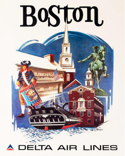 A vintage 1974 Travel Poster by Delta Air Lines features Boston landmarks, including historic buildings, a statue, a ship, and a colonial figure, with the text Boston at the top—perfect for fans of classic Boston travel memorabilia. Poster print available in A1 to A4 sizes.