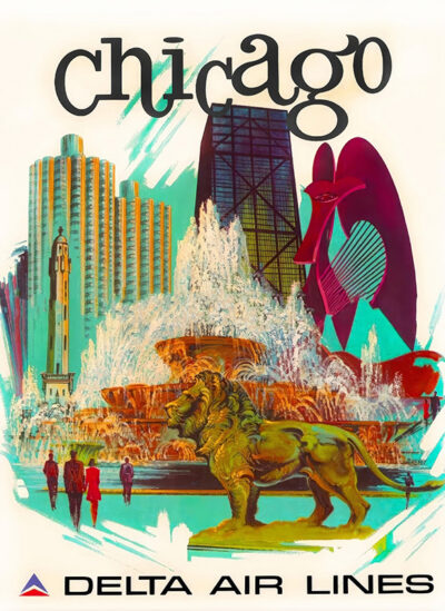 Vintage Delta Air Lines 1974 poster featuring Chicago landmarks, including skyscrapers, the Picasso sculpture, Buckingham Fountain, and a lion statue, with people walking in the foreground—a classic tribute to Chicago travel. Poster print available in A1 to A4 sizes.