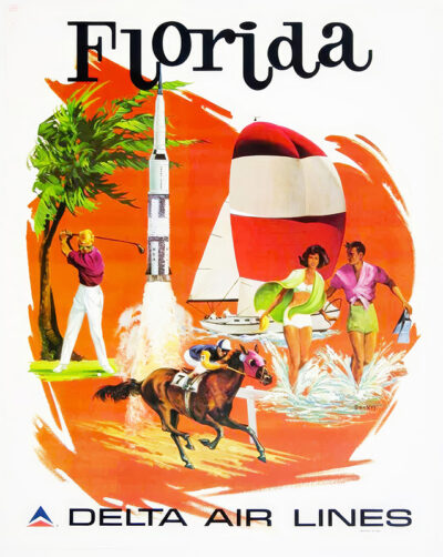 Vintage 1974 Delta Air Lines poster showcasing Florida travel attractions: golf, a rocket launch, sailing, horse racing, and the Delta logo—all set against a vibrant orange background. Poster print available in A1 to A4 sizes.
