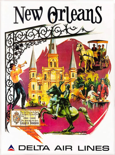 Vintage Delta Air Lines travel poster for New Orleans featuring St. Louis Cathedral, a jazz musician, a horse-drawn carriage, and people dining. Experience the spirit of the city with this classic travel poster. Poster print available in A1 to A4 sizes.