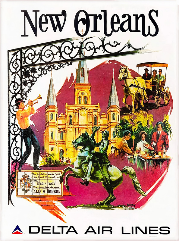 Vintage Delta Air Lines travel poster for New Orleans featuring St. Louis Cathedral, a jazz musician, a horse-drawn carriage, and people dining. Experience the spirit of the city with this classic travel poster. Poster print available in A1 to A4 sizes.