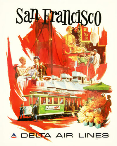 Vintage San Francisco travel poster for Delta Air Lines, featuring iconic landmarks like the Golden Gate Bridge, cable car, Chinatown, a ferry, and flower vendors—brought to life with bold red accents. Poster print available in A1 to A4 sizes.