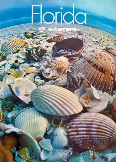 A close-up view of various seashells on a sandy beach with Florida travel and Eastern Airlines written at the top against a blue sky, evoking the style of a vintage 1980 poster. Poster print available in A1 to A4 sizes.