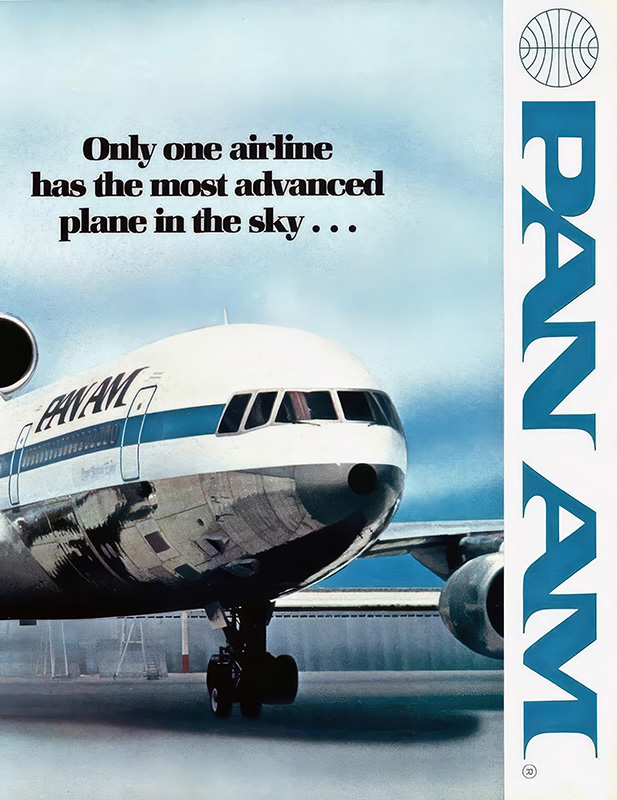 product-image A 1980 poster shows a Pan Am L-1011 airplane parked on the tarmac with the text: Only one airline has the most advanced plane in the sky... PAN AM. Poster print available in A1 to A4 sizes.