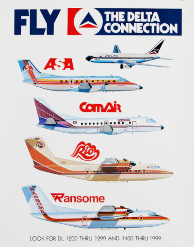 Vintage 1984 travel poster featuring four Delta Connection partner airline planes—ASA, Comair, Rio, and Ransome—with unique liveries and bold Delta branding at the top. Poster print available in A1 to A4 sizes.